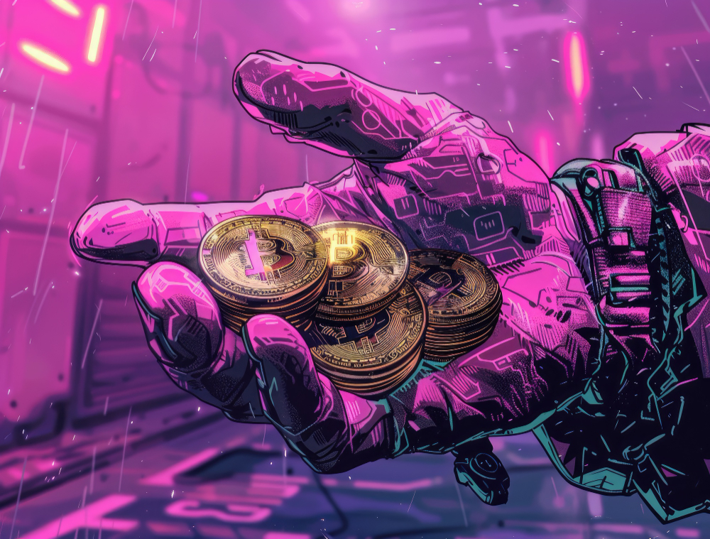 Cybernetic hand holding a stack of glowing Bitcoin coins in a futuristic neon-lit environment