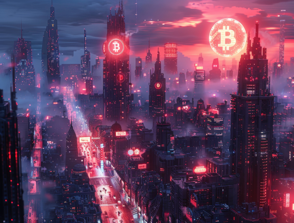Digital cityscape with neon red Bitcoin logos on skyscrapers, representing crypto dominance in a futuristic economy.