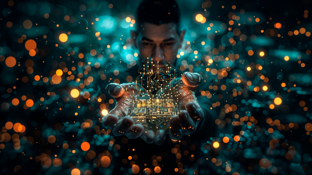 Futuristic concept of a man presenting a digital microchip surrounded by glowing data particles, symbolizing innovation and advanced technology