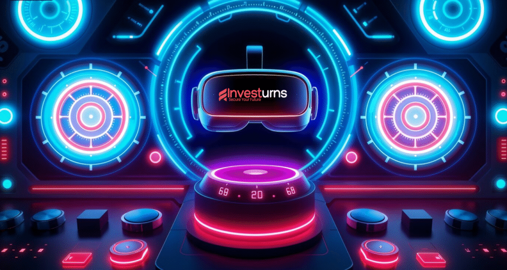 High-tech VR headset showcased in a glowing neon cyber interface, symbolizing virtual reality and immersive technology