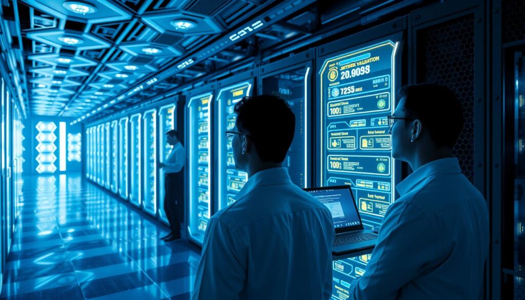 A busy, futuristic server room with rows of glowing, high-tech validator nodes. Sleek, hexagonal server racks arranged in a grid, bathed in a cool, blue-tinted lighting. Holographic interfaces flicker and display real-time data on network activity, block confirmations, and staking rewards. In the foreground, a group of network validators in crisp, minimalist uniforms monitor the system, their faces illuminated by the soft glow of their workstations. The atmosphere is one of precision, control, and the quiet hum of a well-oiled, decentralized machine powering the blockchain.