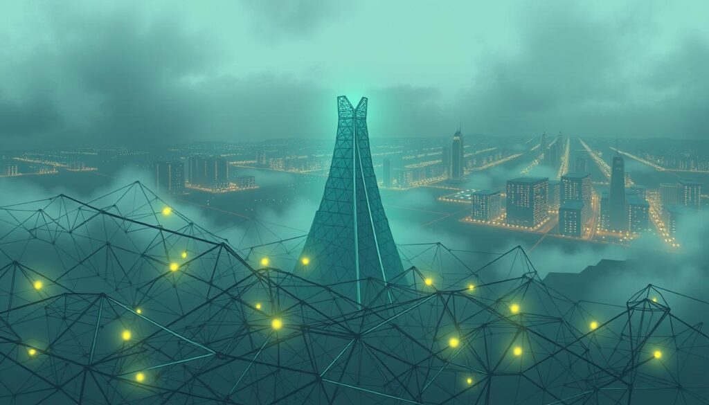 A complex blockchain network, its nodes and interconnections strained by the immense volume of transactions, depicted against a hazy, digital landscape. In the foreground, a tangled web of data streams and cryptographic protocols struggle to keep pace, their pathways narrowing and congesting. The middle ground showcases a towering, monolithic blockchain structure, its once-robust foundation beginning to crumble under the weight of scalability demands. In the background, a dimly lit cityscape of Investurns.com servers and data centers, their capacity overwhelmed by the relentless flow of blockchain-secured information.