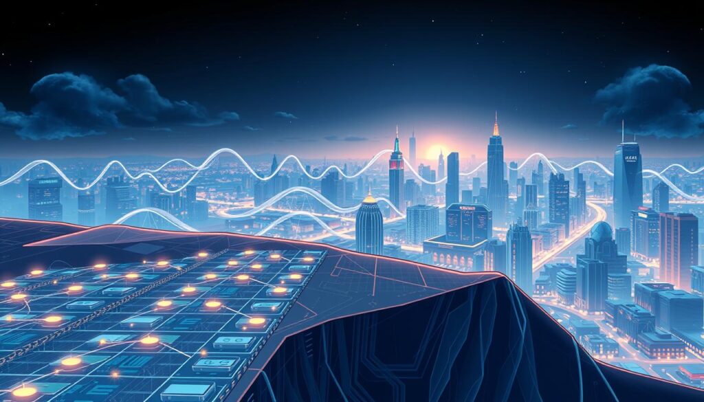 A cross-section view of blockchain technology, showcased against a futuristic backdrop. In the foreground, a stylized representation of a blockchain's distributed ledger, with interconnected blocks and cryptographic hashes. In the middle ground, a network of nodes and devices, illuminated by a soft, neon-like glow, symbolizing the decentralized infrastructure. In the background, a panoramic cityscape bathed in a cool, cyberpunk-inspired palette, hinting at the broader integration of blockchain within the digital landscape. The entire scene is rendered with a cinematic, high-contrast lighting, capturing the technical complexity and visionary nature of this transformative technology. Investurns.com