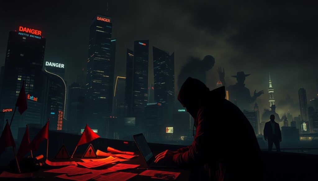 A dark, foreboding cityscape at night, illuminated by flickering neon signs and the eerie glow of digital displays. In the foreground, a shadowy figure peers over a laptop, surrounded by scattered documents and warning symbols - red flags, danger signs, and caution tape. In the middle ground, tall skyscrapers loom ominously, their windows casting an unsettling, unnatural light. The background is shrouded in a hazy, ominous atmosphere, with swirling clouds of data and ominous silhouettes lurking in the distance. The overall mood is one of unease, danger, and the unseen perils of the crypto landscape.