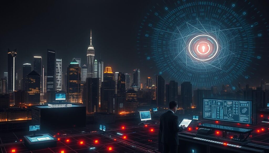 A dark, futuristic city skyline at night, with towering skyscrapers and glowing neon lights. In the foreground, a network of interconnected digital security systems, including firewalls, encryption protocols, and AI-powered threat detection. Sleek, angular devices and interfaces illuminate the scene, casting an ominous yet sophisticated glow. The middle ground features cybersecurity experts strategizing, their faces illuminated by holographic displays. In the background, a swirling vortex of data streams and binary code, hinting at the complex, ever-evolving nature of digital threats. The overall mood is one of technological prowess, vigilance, and the constant battle to safeguard the crypto world. A dark, futuristic city skyline at night, with towering skyscrapers and glowing neon lights. In the foreground, a network of interconnected digital security systems, including firewalls, encryption protocols, and AI-powered threat detection. Sleek, angular devices and interfaces illuminate the scene, casting an ominous yet sophisticated glow. The middle ground features cybersecurity experts strategizing, their faces illuminated by holographic displays. In the background, a swirling vortex of data streams and binary code, hinting at the complex, ever-evolving nature of digital threats. The overall mood is one of technological prowess, vigilance, and the constant battle to safeguard the crypto world.