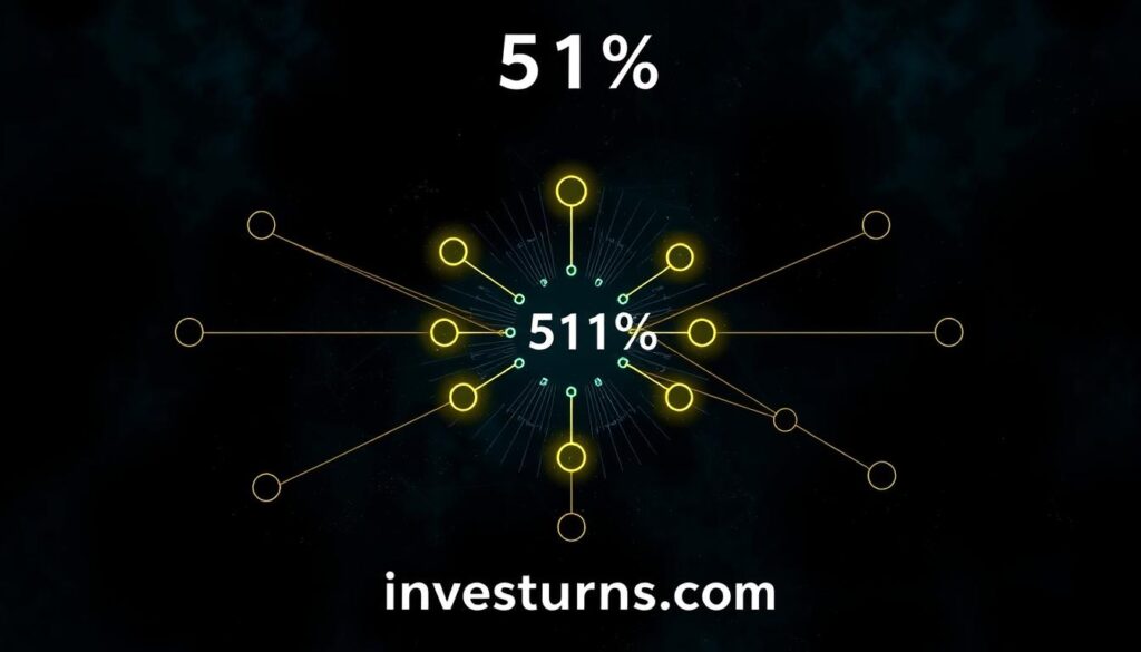 A dark, intricate diagram depicting the mechanics of a 51% attack on a blockchain network. The foreground features a central node representing the attacker, surrounded by smaller nodes symbolizing the network. Highlighted paths show the attacker's ability to control the majority of computational power, enabling them to manipulate transactions and undermine the system's security. The middle ground displays a complex web of interconnected nodes, symbolizing the decentralized network structure. The background is shrouded in an ominous, gritty atmosphere, conveying the gravity of the threat. Investurns.com