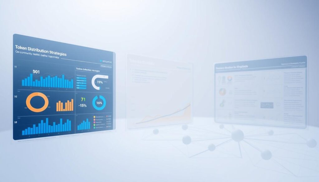A data-driven visualization of token distribution strategies, showcasing diverse allocation models for a crypto project's community-centric tokenomics. Investurns.com presents this conceptual artwork captured through a wide-angle lens, with a clean and minimalist aesthetic. The foreground displays intuitive data visualizations and infographic elements, while the middle ground features a stylized, low-poly rendering of blockchain network nodes. The background incorporates a subtle gradient, conveying a sense of technological depth and innovation. Soft, diffused lighting imbues the scene with a balanced, professional tone, emphasizing the analytical nature of the subject matter.