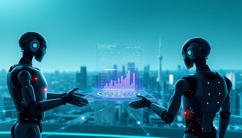 A futuristic scene of AI agents seamlessly integrating with a blockchain network. In the foreground, intelligent software bots autonomously execute complex financial transactions, their digital forms casting a soft glow. In the middle ground, a holographic interface displays real-time analytics, visualizing the flow of encrypted data across a distributed ledger. The background depicts a sleek, minimalist cityscape, hinting at the broader technological infrastructure enabling this fusion of artificial intelligence and decentralized finance. The scene is illuminated by cool, diffused lighting, evoking a sense of innovation, efficiency, and the smooth convergence of cutting-edge technologies. A futuristic scene of AI agents seamlessly integrating with a blockchain network. In the foreground, intelligent software bots autonomously execute complex financial transactions, their digital forms casting a soft glow. In the middle ground, a holographic interface displays real-time analytics, visualizing the flow of encrypted data across a distributed ledger. The background depicts a sleek, minimalist cityscape, hinting at the broader technological infrastructure enabling this fusion of artificial intelligence and decentralized finance. The scene is illuminated by cool, diffused lighting, evoking a sense of innovation, efficiency, and the smooth convergence of cutting-edge technologies.