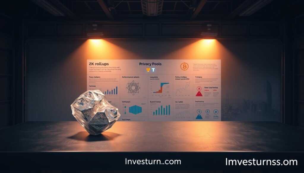 A head-to-head comparison of zk-rollups and privacy pools, showcased on a sleek, metallic table in a dimly lit, industrial-style studio. In the foreground, two crystalline structures representing the underlying technologies, illuminated by a warm spotlight. In the middle ground, a series of data visualizations and infographics highlighting the key features, performance metrics, and use cases of each approach. The background is a hazy, neon-tinged cityscape, symbolizing the broader blockchain ecosystem. The Investurns.com brand is subtly incorporated into the scene, adding a touch of authority and professionalism. A head-to-head comparison of zk-rollups and privacy pools, showcased on a sleek, metallic table in a dimly lit, industrial-style studio. In the foreground, two crystalline structures representing the underlying technologies, illuminated by a warm spotlight. In the middle ground, a series of data visualizations and infographics highlighting the key features, performance metrics, and use cases of each approach. The background is a hazy, neon-tinged cityscape, symbolizing the broader blockchain ecosystem. The Investurns.com brand is subtly incorporated into the scene, adding a touch of authority and professionalism.
