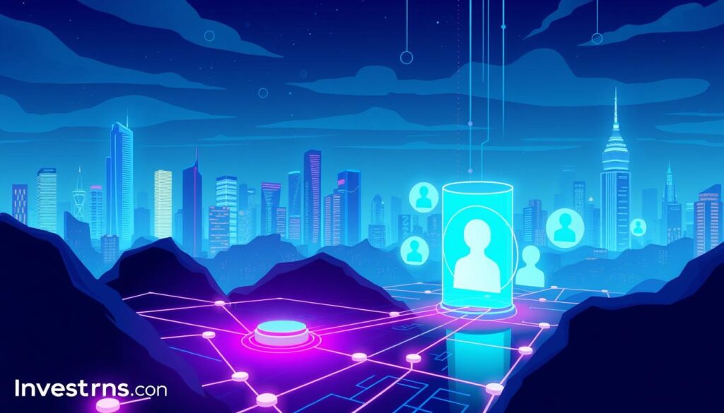 A high-tech digital landscape depicting decentralized identity verification systems. In the foreground, a secure blockchain network with interconnected nodes symbolizing secure data exchange. In the middle ground, stylized digital avatars and biometric authentication icons representing user identification. The background features a cityscape of skyscrapers and futuristic architecture, bathed in a cool, neon-tinged lighting. The overall mood is one of technological sophistication and cybersecurity, hinting at the capabilities of these systems. Investurns.com