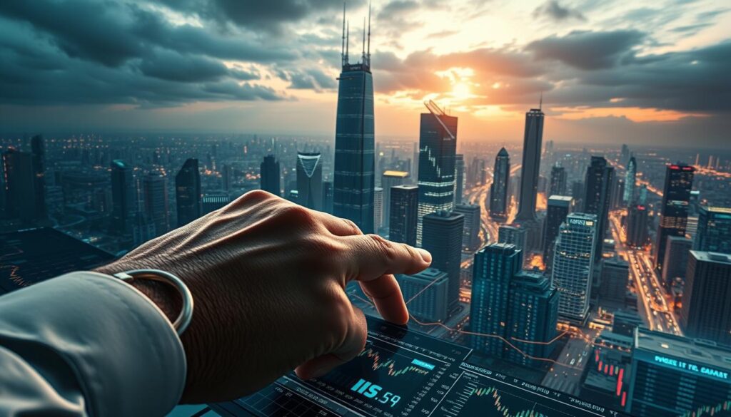 A highly detailed and realistic illustration of crypto leverage trading, captured through the lens of a professional camera. In the foreground, a trader's hand confidently operates a sleek, futuristic trading platform, surrounded by a tangle of charts, graphs, and real-time data feeds. The middle ground features a dynamic, neon-lit cityscape, with skyscrapers and holographic displays reflecting the fast-paced nature of the digital financial landscape. In the background, a moody, atmospheric sky with dramatic lighting and subtle hints of the underlying volatility of the crypto markets. The overall scene conveys a sense of power, control, and the high-stakes nature of leveraged crypto trading.
