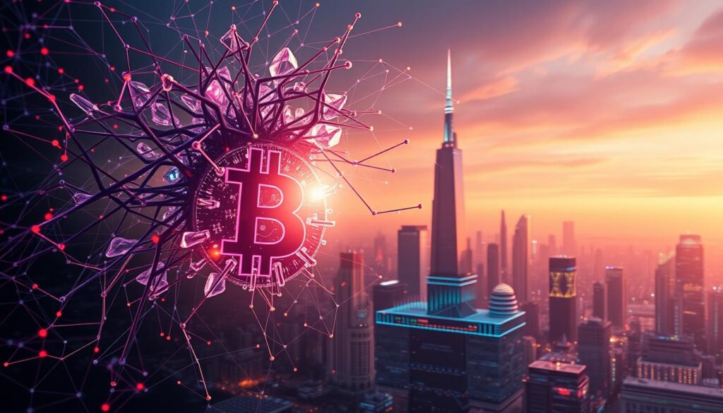 A hyper-realistic, cinematic view of AI-powered crypto transformations. In the foreground, a shapeshifting neural network weaves intricate digital patterns, its tendrils cascading over a gleaming, crystal-like cryptocurrency. The middle ground features a data visualization dashboard, displaying real-time market trends and algorithmic trading signals amidst a dynamic array of colorful polygons and geometric shapes. In the background, a cityscape of towering blockchain skyscrapers and futuristic data centers bathed in a warm, ethereal glow, hinting at the profound technological changes reshaping the crypto landscape. The scene exudes a sense of innovation, complexity, and the dawn of a new era in decentralized finance. A hyper-realistic, cinematic view of AI-powered crypto transformations. In the foreground, a shapeshifting neural network weaves intricate digital patterns, its tendrils cascading over a gleaming, crystal-like cryptocurrency. The middle ground features a data visualization dashboard, displaying real-time market trends and algorithmic trading signals amidst a dynamic array of colorful polygons and geometric shapes. In the background, a cityscape of towering blockchain skyscrapers and futuristic data centers bathed in a warm, ethereal glow, hinting at the profound technological changes reshaping the crypto landscape. The scene exudes a sense of innovation, complexity, and the dawn of a new era in decentralized finance.