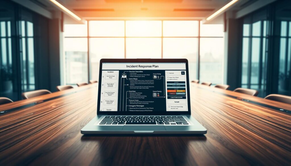 A modern, sleek office interior with an expansive wooden conference table. Crisp lighting filters through large windows, casting a warm glow across the space. On the table, a laptop displays a detailed incident response plan, its screens filled with flowcharts, checklists, and emergency contact information. The plan is open and accessible, indicating a proactive approach to security. The mood is one of professionalism and preparedness, with a sense of calm control over potential disruptions.
