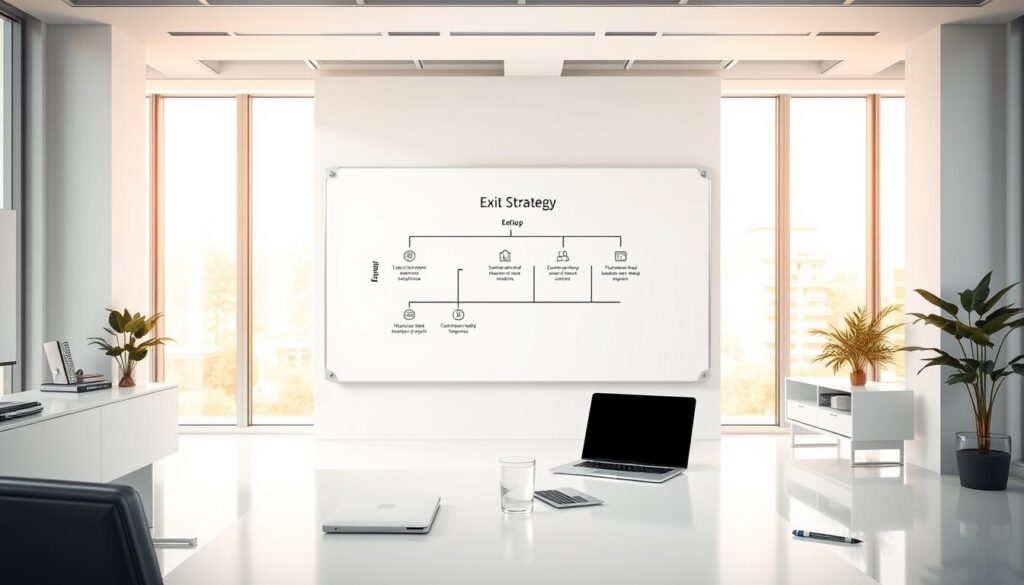 A pristine, minimalist office interior with sleek, modern furniture and clean lines. In the foreground, a white office desk with a laptop, a few neatly arranged office supplies, and a glass of water. In the middle ground, a large whiteboard on the wall, with a clear, step-by-step framework for an exit strategy prominently displayed, rendered in bold, simple graphics. The background features floor-to-ceiling windows, flooding the room with warm, natural light, creating a sense of clarity and focus. The overall atmosphere is one of professional organization, strategic planning, and a forward-looking approach to investment decisions. A pristine, minimalist office interior with sleek, modern furniture and clean lines. In the foreground, a white office desk with a laptop, a few neatly arranged office supplies, and a glass of water. In the middle ground, a large whiteboard on the wall, with a clear, step-by-step framework for an exit strategy prominently displayed, rendered in bold, simple graphics. The background features floor-to-ceiling windows, flooding the room with warm, natural light, creating a sense of clarity and focus. The overall atmosphere is one of professional organization, strategic planning, and a forward-looking approach to investment decisions.
