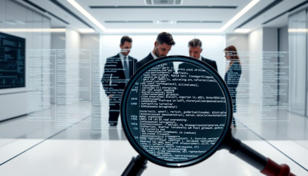 A secure and well-audited smart contract process, depicted in a sleek, minimalist style. In the foreground, a magnifying glass scrutinizes the intricate code, surrounded by a holographic display of complex data visualizations. In the middle ground, a team of cybersecurity experts collaborates, their expressions focused, as they meticulously analyze every line. The background is a serene, futuristic workspace, with clean lines and muted tones that convey a sense of professionalism and attention to detail. The lighting is soft and diffused, creating a sense of depth and emphasizing the importance of the task at hand. The overall mood is one of diligence, precision, and a commitment to ensuring the security and integrity of the smart contract.
