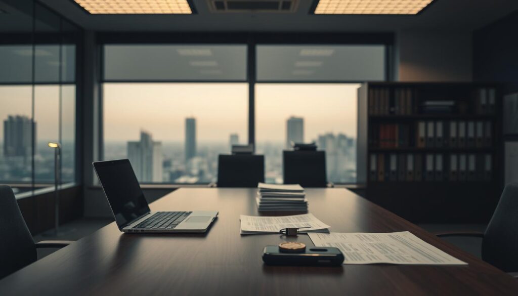 A secure, well-lit office setting with a large desk in the foreground. On the desk, a laptop, a stack of documents, and a subtle security token device. In the middle ground, a bookshelf and filing cabinet, conveying an air of professionalism and attention to detail. The background features large windows overlooking a cityscape, with a dim, ambient lighting that casts a warm glow across the scene. The overall mood is one of diligence, caution, and a commitment to safeguarding sensitive information. A secure, well-lit office setting with a large desk in the foreground. On the desk, a laptop, a stack of documents, and a subtle security token device. In the middle ground, a bookshelf and filing cabinet, conveying an air of professionalism and attention to detail. The background features large windows overlooking a cityscape, with a dim, ambient lighting that casts a warm glow across the scene. The overall mood is one of diligence, caution, and a commitment to safeguarding sensitive information.