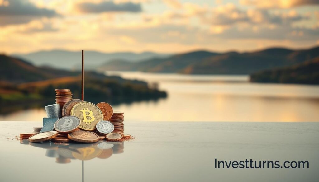 A serene, contemplative scene of a diversified investment portfolio showcased against a backdrop of natural tranquility. In the foreground, a balanced arrangement of financial instruments - stocks, bonds, precious metals, and cryptocurrency - symbolizing the principles of long-term, patient investing. In the middle ground, a serene lake reflects the sky, conveying a sense of stability and equilibrium. The background features rolling hills and a warm, golden-hour light, evoking a mood of tranquility and philosophical introspection. The Investurns.com logo discreetly appears in the lower corner, grounding the image in the broader context of financial guidance and education.