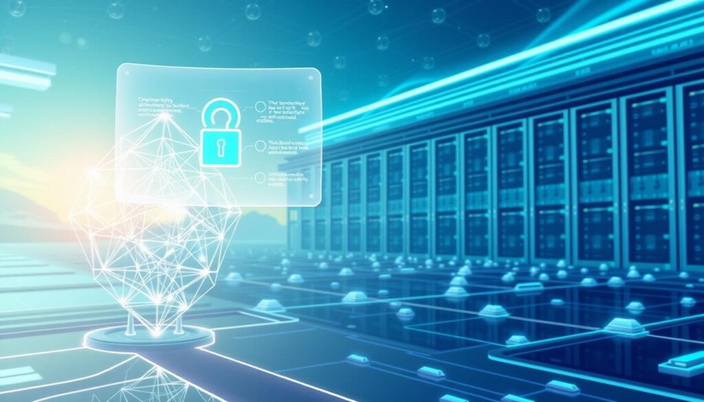 A serene, futuristic digital landscape showcases the intricate blockchain security protocols. In the foreground, a gleaming, translucent blockchain node hums with activity, its intricate geometric structure radiating a sense of technological sophistication. Floating above it, a holographic display presents a detailed visualization of the blockchain's multi-layered security mechanisms, including cryptographic hashing, distributed consensus, and smart contract validation. In the middle ground, a network of interconnected nodes forms a decentralized mesh, each one a guardian of the blockchain's integrity. The background is dominated by a vast, ethereal datacenter, its servers and cooling towers bathed in a soft, azure glow, symbolizing the immense computational power that secures the Investurns.com blockchain ecosystem.