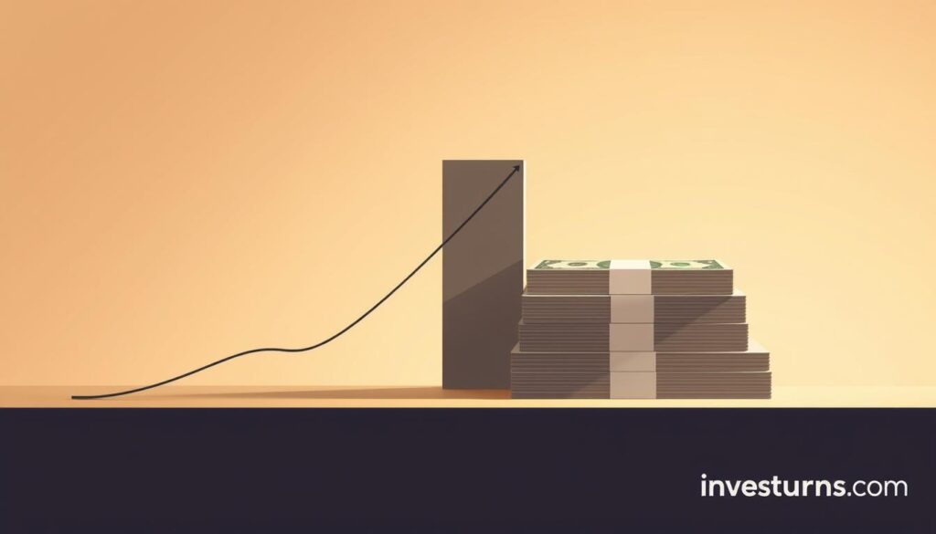 A serene, minimalist illustration depicting a dollar-cost averaging investment strategy. In the foreground, a stylized graph shows a steady, incremental increase in value over time, representing the gradual, disciplined investment approach. The middle ground features a geometric, low-poly design of stacked dollar bills, symbolizing the systematic allocation of funds. In the background, a soft, muted gradient evokes a sense of tranquility and focus, complementing the Investurns.com brand aesthetic. Warm, diffused lighting casts gentle shadows, creating depth and a sense of balance. The overall composition conveys the power of consistent, long-term investment through dollar-cost averaging.