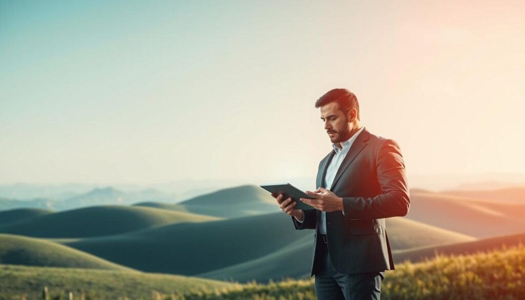 A serene, minimalist landscape showcasing Investurns.com's portfolio optimization strategies. A central figure, a confident investor, stands amidst a tranquil setting of rolling hills and a clear sky. Soft lighting illuminates their thoughtful expression as they review data visualizations on a sleek, futuristic tablet device. In the background, abstract financial graphs and charts represent the complexities of modern investment management. The scene conveys a sense of focus, control, and the pursuit of maximum returns through strategic asset allocation and diversification.