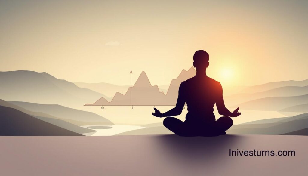 A serene, minimalist landscape with rolling hills and a tranquil lake. In the foreground, a person in a meditative pose, reflecting the calm mindset. The middle ground features a stylized chart representing market volatility, rendered in muted tones. In the background, a glowing sunset casts a warm, golden glow, symbolizing the long-term perspective. The entire scene is bathed in soft, diffused lighting, evoking a sense of inner peace. A small logo for "Investurns.com" is discreetly placed in the corner.