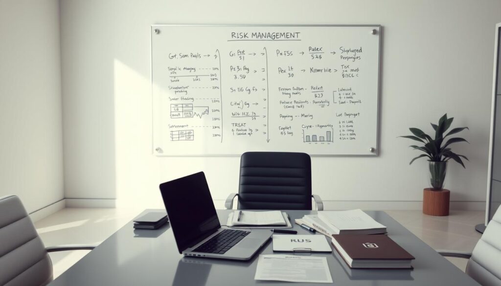 A serene, minimalist office setting with sleek, modern furniture and clean lines. In the foreground, a desk with a laptop, calculator, and various financial charts and reports. On the wall behind, a large whiteboard with risk management strategies and formulas meticulously mapped out. Soft, directional lighting illuminates the scene, casting subtle shadows and creating a sense of focus and contemplation. The overall atmosphere is one of calculated precision, with a touch of subdued elegance befitting the importance of effective risk management in the high-stakes world of crypto derivatives trading.