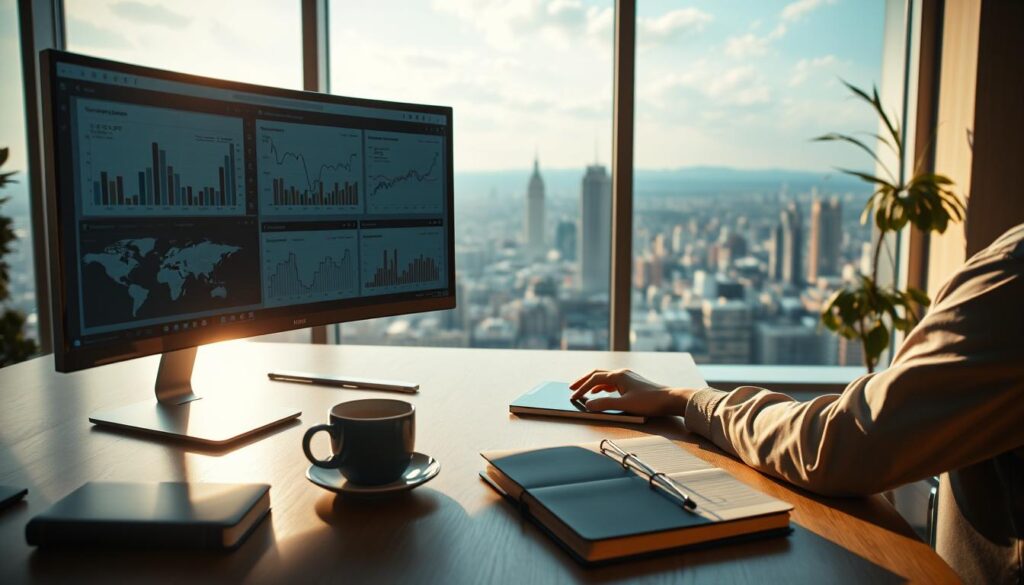 A serene office setting, bathed in warm, natural lighting. In the foreground, a financial analyst intently studies risk management charts and graphs on a sleek, high-resolution monitor. On the desk, a cup of steaming coffee and a well-worn notebook hint at the diligence and focus required for this crucial task. The middle ground features a stylized world map, pinpointing global economic hotspots, a testament to the analyst's awareness of the broader crypto landscape. In the background, floor-to-ceiling windows offer a panoramic view of a bustling city skyline, underscoring the importance of this work in the grand scheme of a volatile market. The overall mood is one of thoughtful deliberation, with a palpable sense of purpose and responsibility.