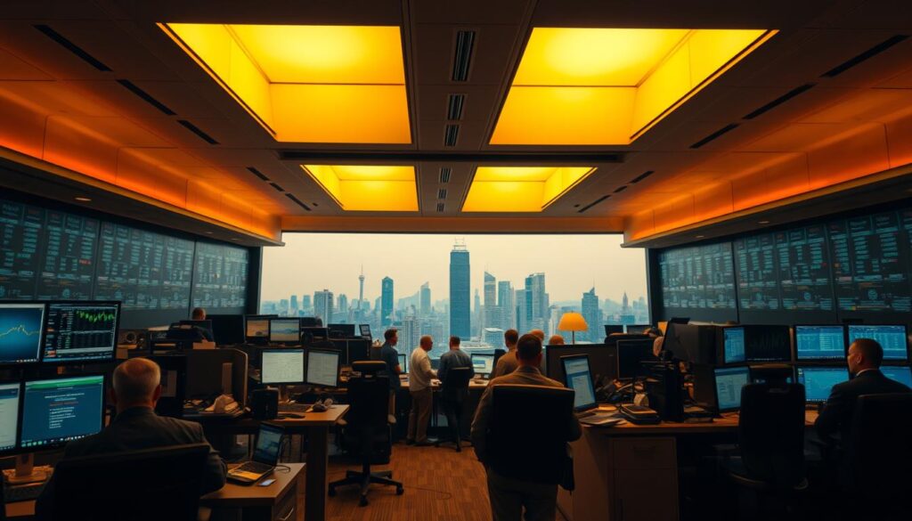 A serene trading floor, bathed in warm, diffused lighting from overhead skylights. In the foreground, a trader's desk with state-of-the-art trading terminals, order books, and analytical dashboards, conveying a sense of precision and focus. In the middle ground, a team of traders collaborating, their faces illuminated by the glow of multiple screens, deep in discussion about optimizing their execution strategy. The background features a panoramic view of the city skyline, a subtle nod to the broader market forces at play. The overall atmosphere is one of calm, controlled intensity, reflecting the delicate balance of factors involved in achieving optimal trading execution.