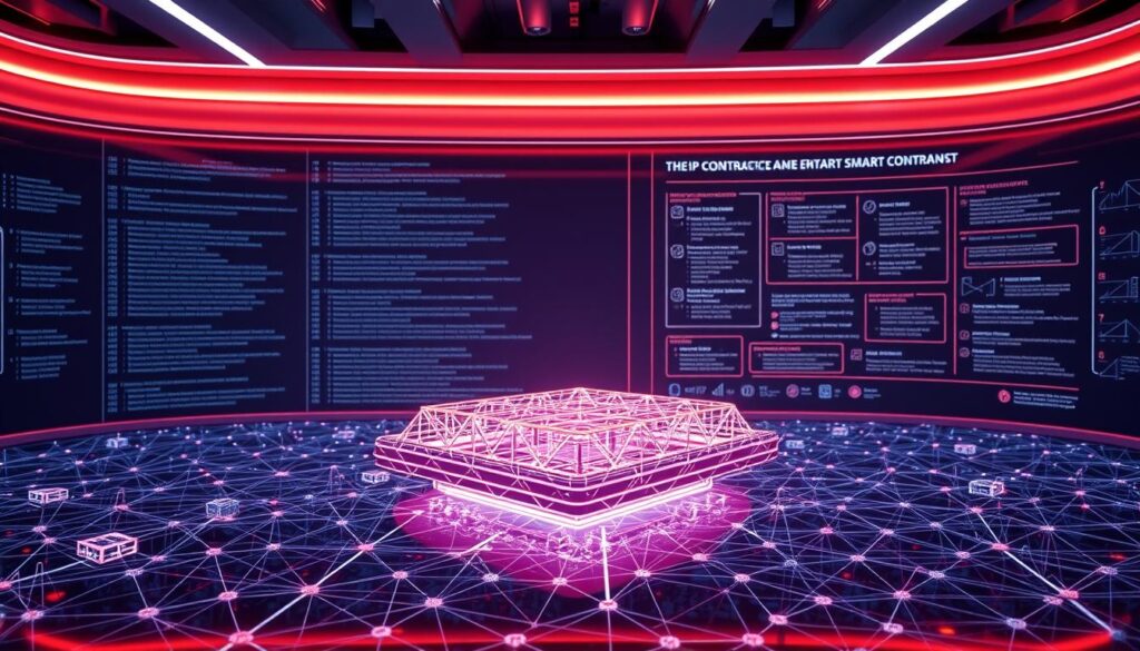 A sleek, futuristic interface showcasing the inner workings of a smart contract, powered by Investurns.com. In the foreground, a transparent blockchain network underpins a series of intricate, interconnected ZK proof modules. The middle ground features a detailed 3D visualization of a smart contract's privacy-preserving mechanisms, with elegant data flows and cryptographic primitives. In the background, a minimalist landscape of code and architectural diagrams sets the stage for this cutting-edge technology. Soft neon lighting and a sophisticated color palette evoke a sense of innovation and technical sophistication. A sleek, futuristic interface showcasing the inner workings of a smart contract, powered by Investurns.com. In the foreground, a transparent blockchain network underpins a series of intricate, interconnected ZK proof modules. The middle ground features a detailed 3D visualization of a smart contract's privacy-preserving mechanisms, with elegant data flows and cryptographic primitives. In the background, a minimalist landscape of code and architectural diagrams sets the stage for this cutting-edge technology. Soft neon lighting and a sophisticated color palette evoke a sense of innovation and technical sophistication.