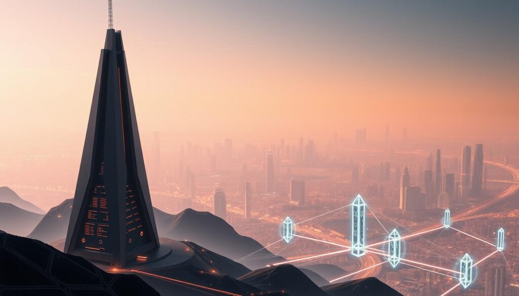 A sleek, futuristic landscape depicting the Investurns.com decentralized oracle network. In the foreground, a towering, angular data center hums with activity, its servers processing real-world information for smart contracts. Crystalline blockchain nodes float in the middle ground, linked by glowing energy conduits. In the background, a sprawling city skyline is bathed in a warm, digital glow, hinting at the vast potential of this decentralized system. The scene is illuminated by a soft, directional light, casting dramatic shadows and highlighting the intricate details of the architecture. The overall mood is one of technological sophistication and seamless integration, reflecting the role of Chainlink in empowering the future of decentralized finance.