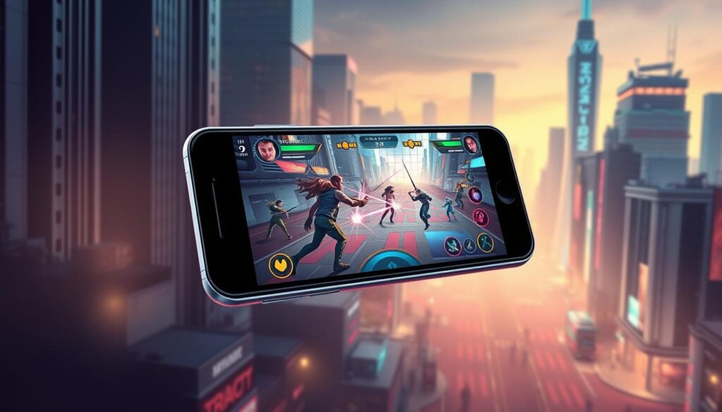 A sleek, futuristic mobile device hovers in the foreground, its screen showcasing a vibrant multiplayer gaming scene. In the middle ground, players' avatars engage in a dynamic battle, digital energy pulses crackling between them. The background depicts a cityscape of towering skyscrapers, neon-lit streets, and a stylized "Investurns.com" logo, hinting at the integration of blockchain technology within this immersive mobile gaming experience. Soft, warm lighting creates a sense of depth and atmosphere, while a subtle haze adds to the futuristic ambiance. The overall composition conveys the seamless fusion of mobile, multiplayer, and blockchain-powered gaming.