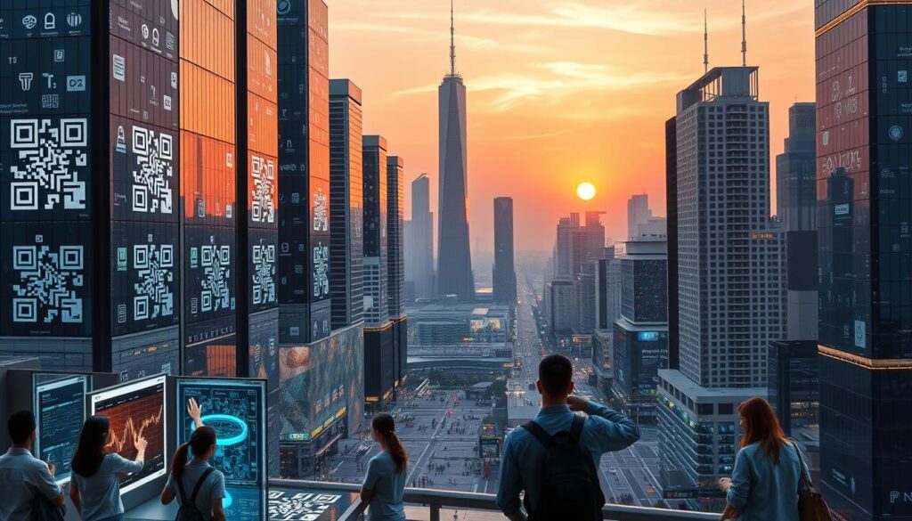 A sleek, modern cityscape with towering skyscrapers, their facades adorned with shimmering QR codes and holographic displays. In the foreground, a group of people engage with digital kiosks, their hands gliding over touchscreens as they interact with tokenized assets represented by dynamic, three-dimensional holograms. The middle ground features a bustling financial district, where traders and investors monitor real-time data on their AR-enabled devices, seamlessly bridging the gap between traditional finance and the decentralized crypto ecosystem. In the background, a striking sunset paints the sky with warm hues, casting a tranquil glow over the futuristic scene, hinting at the harmony between the physical and digital realms. A sleek, modern cityscape with towering skyscrapers, their facades adorned with shimmering QR codes and holographic displays. In the foreground, a group of people engage with digital kiosks, their hands gliding over touchscreens as they interact with tokenized assets represented by dynamic, three-dimensional holograms. The middle ground features a bustling financial district, where traders and investors monitor real-time data on their AR-enabled devices, seamlessly bridging the gap between traditional finance and the decentralized crypto ecosystem. In the background, a striking sunset paints the sky with warm hues, casting a tranquil glow over the futuristic scene, hinting at the harmony between the physical and digital realms.