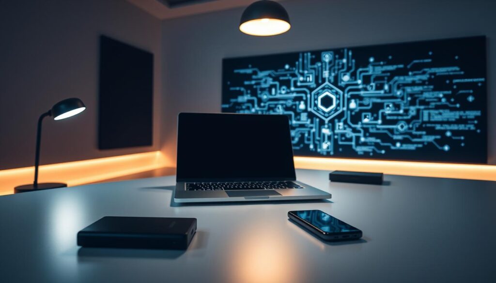 A sleek, modern office desk with a laptop, smartphone, and a secure hardware cryptocurrency wallet. The desk is illuminated by a warm, overhead lighting, casting a soft glow on the setup. In the background, a minimalist wall display shows a visualization of blockchain transactions and encrypted data flows. The overall atmosphere conveys a sense of professionalism, security, and technological sophistication, reflecting the importance of proper key management and backup strategies for the paranoid investor.