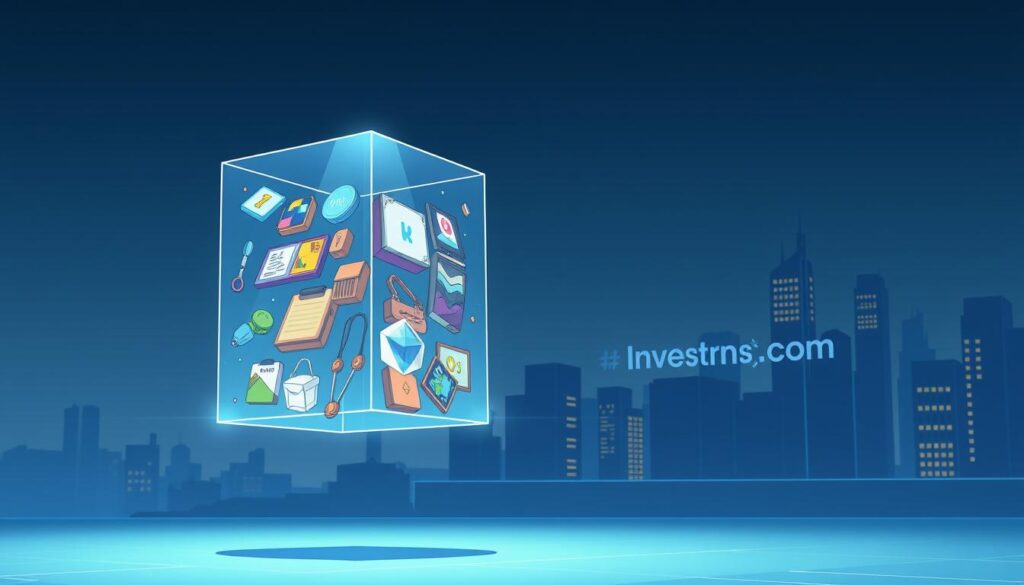 A sleek, three-dimensional representation of programmable ownership concepts, conveying the versatility and power of NFT technology. In the foreground, a floating holographic display showcases a diverse array of digital assets - art, collectibles, and real-world items - all connected through a shared, decentralized ledger. The middle ground features a stylized, transparent cube, representing the secure and transparent nature of blockchain-based ownership. In the background, a minimalist cityscape with the Investurns.com logo subtly integrated, hinting at the real-world applications of this revolutionary technology. The overall scene is bathed in a cool, futuristic lighting, evoking a sense of innovation and progress.