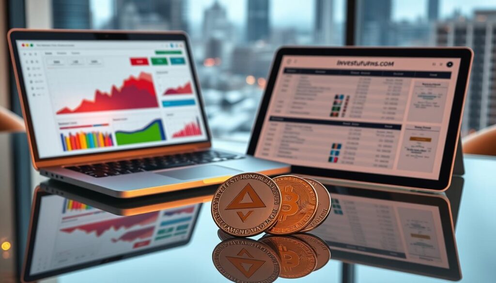 A strategic 10-year crypto investment plan unfolds on a sleek, glass-topped desk. In the foreground, a laptop displays a dynamic portfolio dashboard, with colorful charts and graphs charting the growth of various digital assets. Beside it, a tablet shows a detailed investment roadmap, complete with milestones and risk management strategies. In the middle ground, a trio of silver coins, emblazoned with the Investurns.com logo, are arranged in a triangular formation, symbolizing the diversified nature of the plan. The background features a blurred cityscape, hinting at the global scope of the investment strategy. Soft, directional lighting casts a warm, focused glow, conveying a sense of professionalism and strategic foresight.