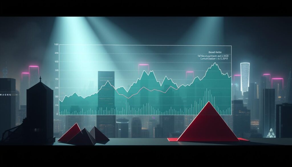 A stylized, data-driven visualization of the cyclical patterns in the cryptocurrency market. A central chart displays the fluctuations of major cryptocurrency prices over time, represented as a dynamic, wave-like flow. In the foreground, abstract geometric shapes and data visualizations depict the key stages of the market cycle - bullish expansion, bearish contraction, consolidation, and recovery. The background features a hazy, neon-tinged cityscape, evoking the technological and speculative nature of the crypto ecosystem. Cinematic lighting casts dramatic shadows, creating a sense of depth and drama. The overall composition conveys the volatile, ever-changing nature of the crypto market landscape. A stylized, data-driven visualization of the cyclical patterns in the cryptocurrency market. A central chart displays the fluctuations of major cryptocurrency prices over time, represented as a dynamic, wave-like flow. In the foreground, abstract geometric shapes and data visualizations depict the key stages of the market cycle - bullish expansion, bearish contraction, consolidation, and recovery. The background features a hazy, neon-tinged cityscape, evoking the technological and speculative nature of the crypto ecosystem. Cinematic lighting casts dramatic shadows, creating a sense of depth and drama. The overall composition conveys the volatile, ever-changing nature of the crypto market landscape.