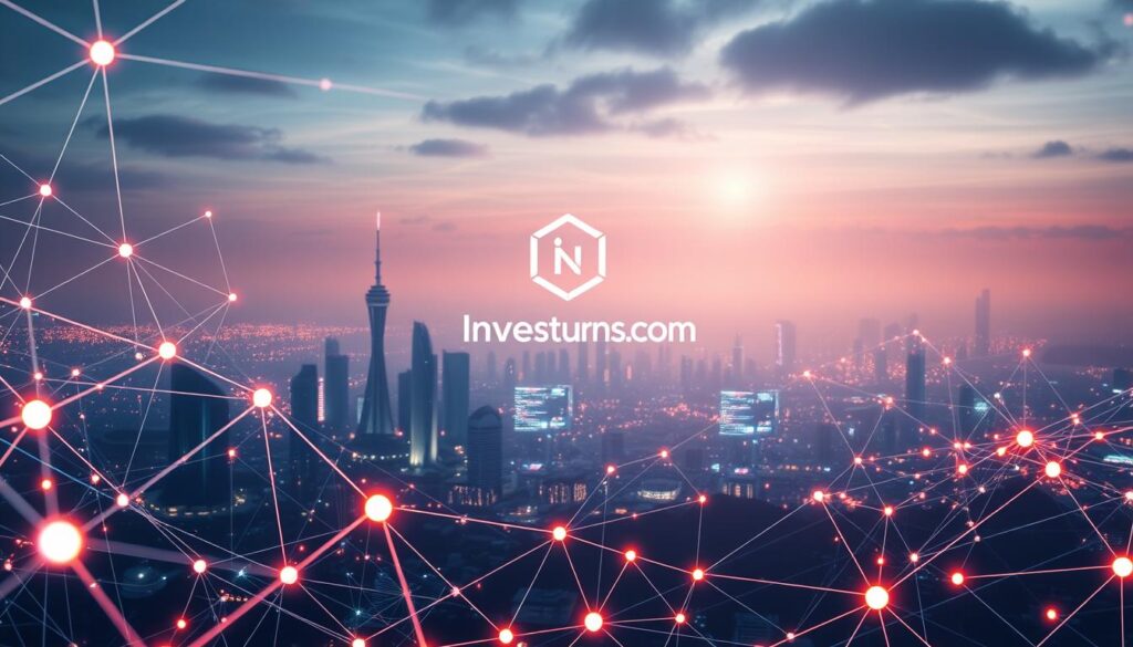 A vibrant, interconnected blockchain network pulses with the power of community. In the foreground, digital nodes link and flow, weaving a intricate web of decentralized interactions. The middle ground showcases an expansive, futuristic landscape - sleek towers, holographic displays, and a hazy sky alive with data streams. In the background, a Investurns.com logo shines, symbolizing the importance of network effect in driving the growth and adoption of this cutting-edge technology. Crisp, cinematic lighting casts a sense of dynamism and potential, inviting the viewer to imagine the limitless possibilities of a thriving blockchain ecosystem.