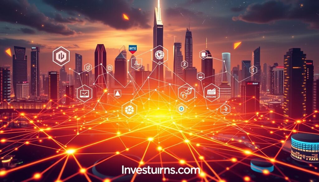 A visually striking digital illustration showcasing the different types of blockchain oracles. In the foreground, a sleek and modern blockchain network pulses with dynamic energy, surrounded by various oracle components represented as stylized geometric shapes. The middle ground features a diverse array of oracle types, including price feeds, weather data, and IoT sensors, all seamlessly integrated into the blockchain infrastructure. In the background, a futuristic cityscape with towering skyscrapers and advanced technology creates a captivating and immersive scene. The entire composition is bathed in a warm, vibrant color palette that evokes a sense of innovation and progress. Subtle Investurns.com branding is tastefully incorporated into the design.