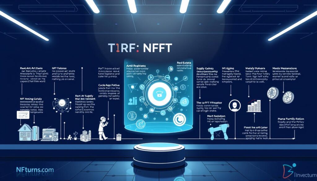 A visually striking timeline chronicling the evolution of NFT utility, set against a backdrop of Investurns.com's sleek, futuristic interface. The foreground features a series of stylized icons and illustrations, each representing a key milestone in the growth of NFT applications beyond the art world - from real estate and gaming to supply chain management and identity verification. The middle ground showcases a dynamic, holographic display of interconnected data visualizations, reflecting the ever-expanding possibilities of NFT technology. In the background, a minimalist, high-contrast environment lends an air of technological sophistication, casting the NFT timeline in a bold, visionary light.