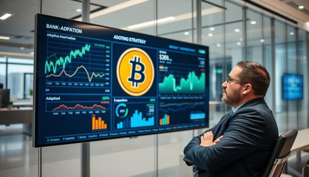 Bank executive examining Bitcoin investment trends on digital display