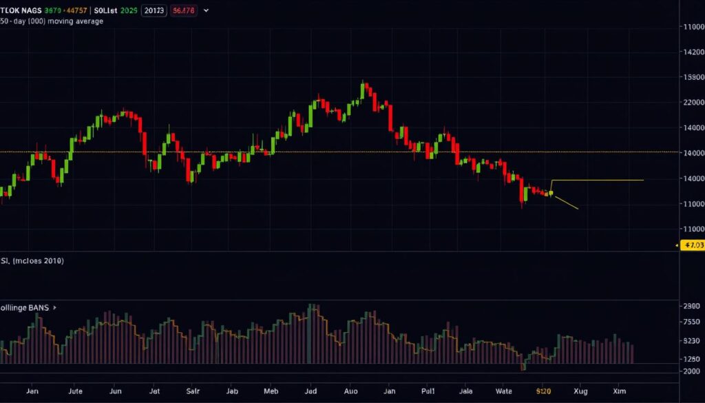 Bitcoin price chart with moving averages and RSI indicator for investment analysis