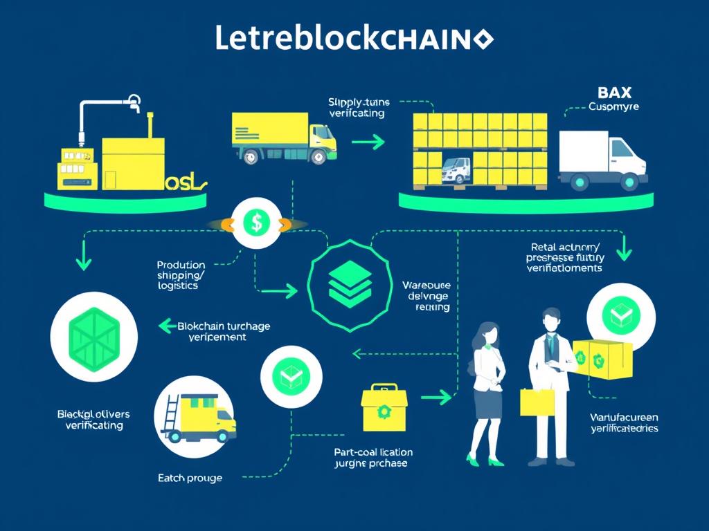 Blockchain application in supply chain management showing product tracking from manufacturer to consumer