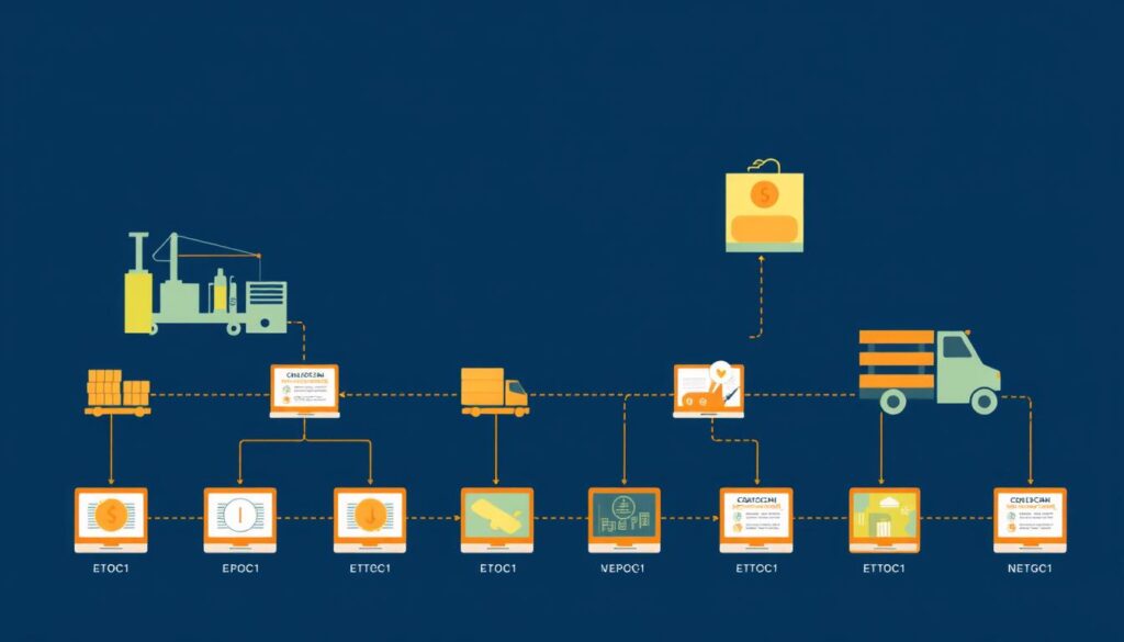 Blockchain-enabled supply chain showing product journey with broad impact on transparency Blockchain-enabled supply chain showing product journey with broad impact on transparency