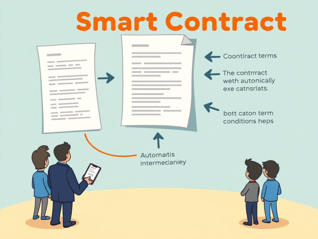 Cartoon illustration of a smart contract automatically executing when conditions are met, showing the future of automated agreements Cartoon illustration of a smart contract automatically executing when conditions are met, showing the future of automated agreements
