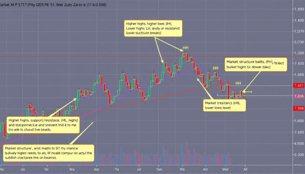 Cryptocurrency market structure analysis showing higher highs and lower lows patterns for investment decision-making