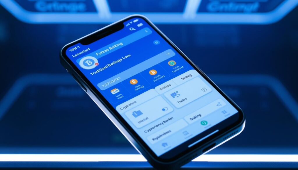 Futuristic banking interface showing traditional and Bitcoin investment options