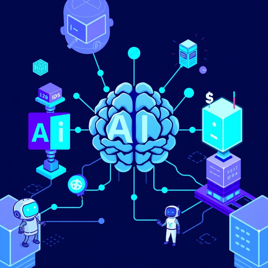 Futuristic illustration showing the convergence of AI and blockchain technologies, representing the future of intelligent decentralized systems Futuristic illustration showing the convergence of AI and blockchain technologies, representing the future of intelligent decentralized systems