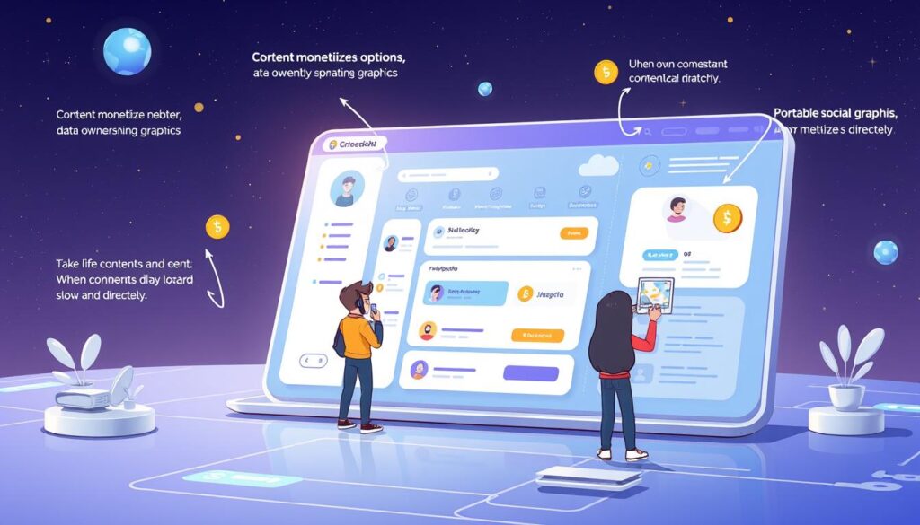 Futuristic interface of a decentralized social media platform where users own their data and content, representing the future of online social interaction Futuristic interface of a decentralized social media platform where users own their data and content, representing the future of online social interaction