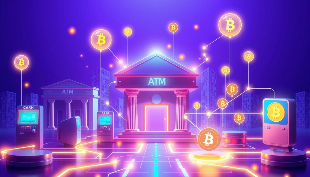 Futuristic visualization of integrated financial systems with Bitcoin investment components