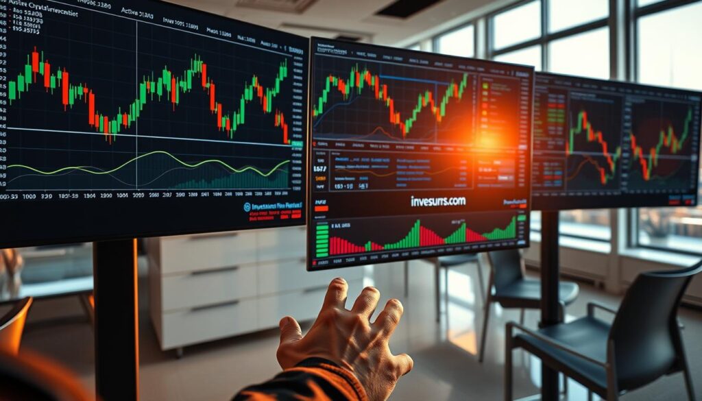 Highly detailed, technical analysis chart patterns displayed on multiple digital screens, showcasing candlestick charts, moving averages, and various technical indicators. The scene is set in a modern, minimalist office setting with sleek, metallic furniture and floor-to-ceiling windows, bathed in warm, directional lighting. In the foreground, a professional trader's hands are visible, manipulating the charts and data on the screens. The Investurns.com brand is prominently featured on the screens, reflecting the website's focus on active crypto trading strategies.